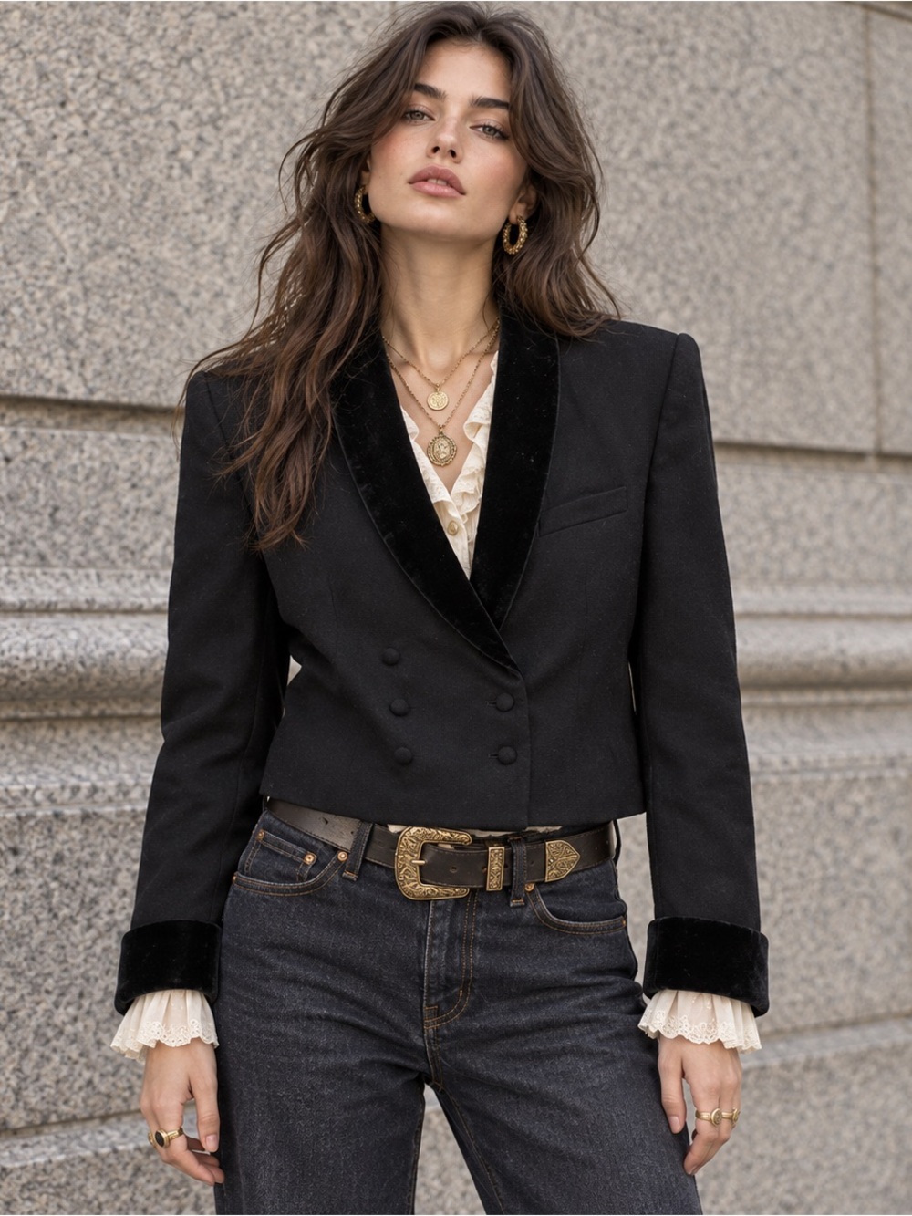 Vintage 90s Jennifer Moore Black Wool Velvet Trim Cropped Blazer 6P